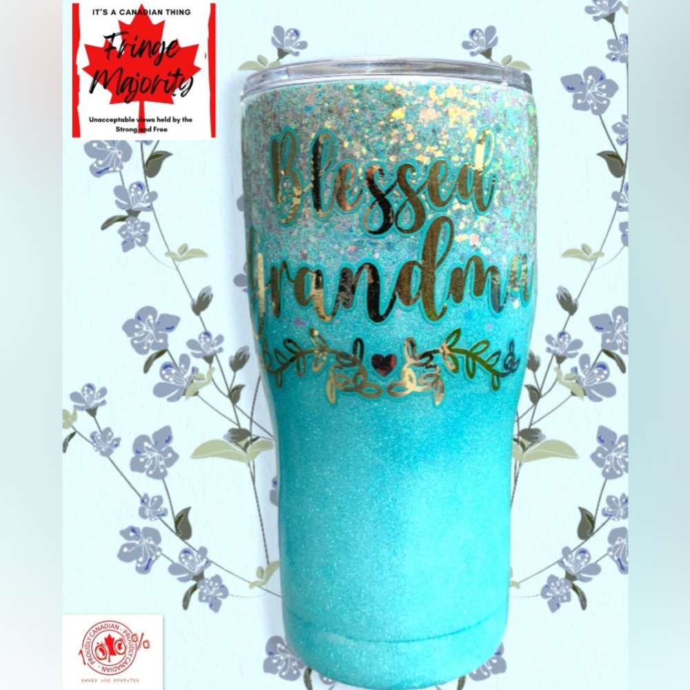 Blessed Grandma, epoxy 20oz modern tumbler, teal gold opal glitter, hot/cold